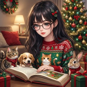 Fetita anime citind poveste de Craciun animalelor