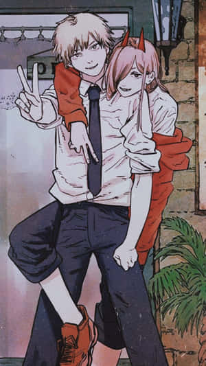 Power îmbrățișându-l pe Chainsaw Man PFP — Îmbrățișare anime Fundal