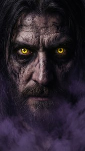 Prim-plan intens al lui Omen cu ochi strălucitori și ceață violetă imagine de fundal