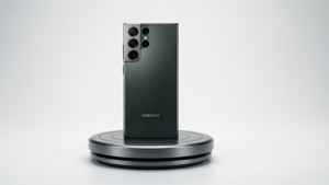 S24 Ultra într-o fotografie de prezentare pe un pedestal, fundal alb curat.