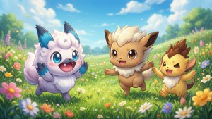 Tapet drăguț cu Pokemonii din regiunea Galar jucându-se.