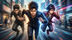 Takemichi alergând prin timp cu un efect de ecran divizat în culori vibrante. — Tokyo Revengers Fundal