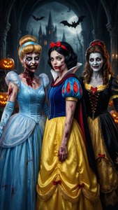 Prințese Disney reinterpretate ca monstru de Halloween într-un cadru gothic.