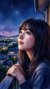 Rikako pe un balcon, uitându-se la stele — Valuri oceanice Fundal