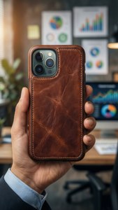 iPhone 11 Pro Max în carcasă de piele, ținut de un profesionist, cu fundal de birou.