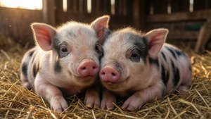 Doi purceluși adorabili ghemuindu-se într-un grajd cu paie — Porc drăguț GIF Fundal