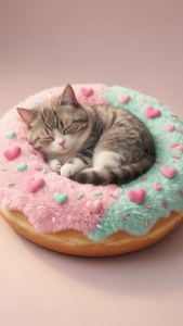 Pusheen dormind într-un pat în formă de gogoașă, un fundal kawaii super drăguț pentru iubitorii de pisici.