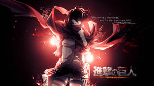 Mikasa Ackerman ținând o eșarfă roșie la față, cu un citat, wallpaper din Atacul Titanilor.