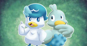 Quaxly și Ducklett pe fundal verde — Anime desktop Fundal