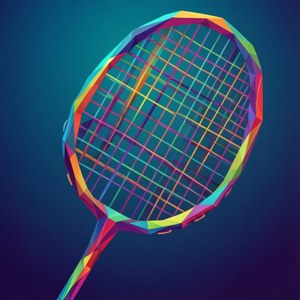 O compoziție geometrică abstractă care formează o rachetă de badminton în stil low poly, cu culori vibrante în gradient. — Pixel Watch 5 Fundal