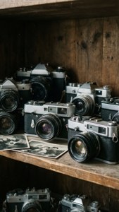 Raft în stil academia întunecată, cu aparate foto vintage și fotografii. — Dark academia animat Fundal