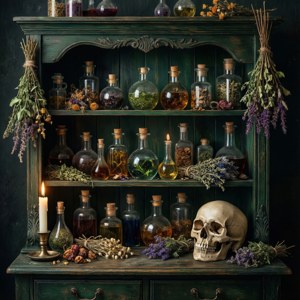 Un raft de apotecară vrăjitorească, cu poțiuni și un craniu, decor whimsigoth gotic. — Pixel Watch 3 Fundal