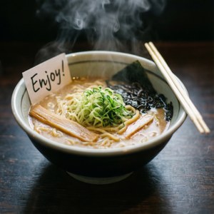Un prim-plan al unui bol de ramen aburind livrat cu un bilet personal. — Galaxy Watch Fundal