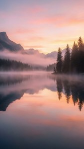 Răsărit liniștit peste munți cețoși și lac, culori pastelate, ideal ca fundal pentru iPhone Xs. — iPhone XS Fundal