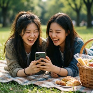 Cei mai buni prieteni râd la telefon în timpul picnicului, tapet candid și fericit. — Pixel Watch Fundal