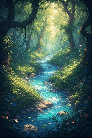 anime,râu,pădure,sălbatic,verde,plin de viață,liniștit,viță de vie,lumină solară,păsări,fluturi,natură,peisaj,4K — iPhone 4 Fundal