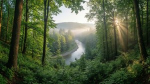 Tapet ultra-wide cu un râu de pădure în ceață, la răsărit. — 5120x1440 Fundal