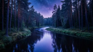 O pădure întunecată cu un râu șerpuitor care reflectă cerul înstelat, atmosferă de vis. — Pădure întunecată Fundal