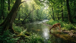 O scenă senină de pădure ultrawide cu râu și căprioare. — 5120x1440 Fundal