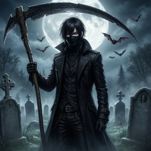 Reaper anime întunecat cu coasă în cimitir.