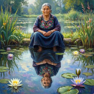 Reflexia unei bunici într-un iaz cu nuferi, artă impresionistă. — Pixel Watch 3 Fundal