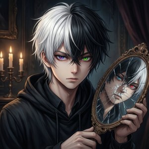 Băiat anime edgy cu păr despicat și oglindă spartă.