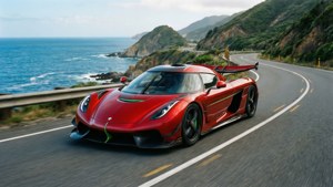Un Koenigsegg Regera roșu străbate o curbă de coastă, cu ocean și dealuri.