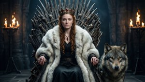 Sansa Stark pe Tronul de Fier cu un lup, final alternativ fantasy. imagine de fundal