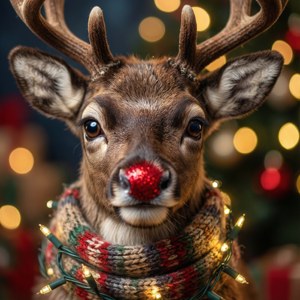 Ren adorabil cu nas roșu și eșarfă în lumini festive — Crăciun drăguț Fundal