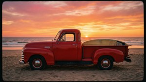 Un apus de soare pe plajă din anii 1970, cu o camionetă roșie clasică și o placă de surf