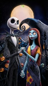 Jack și Sally pozează romantic în Orașul Halloween.