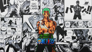 Zoro însângerat printre pagini de manga alb-negru cu el însuși, wallpaper One Piece.