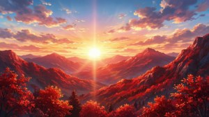 Peisaj montan vibrant în stil anime, de culoare roșu, cu apus de soare