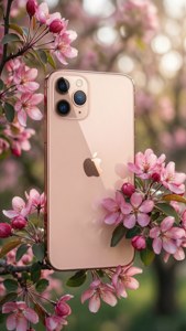 iPhone 11 Pro Max roz auriu printre flori roz în lumina de primăvară.