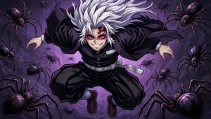 Rui înconjurat de un roi de păianjeni în aer, cu un zâmbet sinistru. — Rui Demon Slayer Fundal