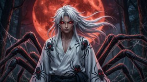 Rui stă pe o pânză de păianjen gigant sub o lună crimson, cu ochi roșii strălucitori. — Rui Demon Slayer Fundal