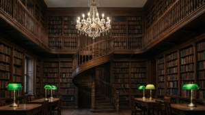 Majestică bibliotecă în stil academic întunecat, cu scară în spirală și candelabru.