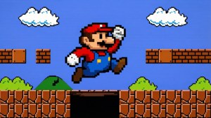 Artă pixel cu Mario sărind peste o groapă într-un nivel clasic Super Mario de 8 biți, retro și nostalgic. — Mario Fundal