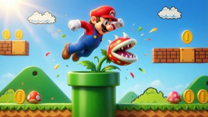 Mario sare peste o țeavă verde cu o Plantă Piranha, scenă clasică din Super Mario.