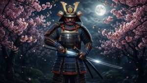 Samurai sub flori de cireș cu sabie strălucitoare pe fundal negru.