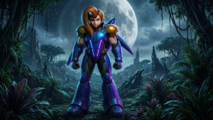 Scenă science-fiction cu Samus Aran pe o planetă extraterestră cu o lună uriașă. — Nintendo Fundal
