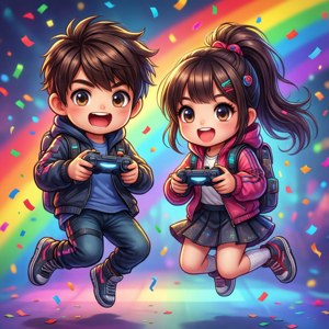 Chibi drăguț băiat și fată gamer sărind cu controlere — Motorola Razr 70 Fundal