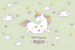 Unicorn fericit zburând pe un perete plin de nori și stele care spune fă-ți propria magie.