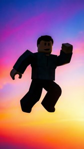 O siluetă minimalistă a unui avatar Roblox sărind într-un cer colorat.