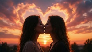 Cuplu LGBTQ+ romantic în siluetă sărutându-se la apus, cu nori în formă de inimă.
