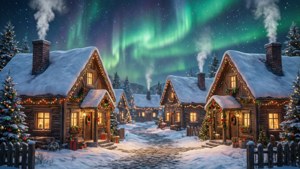Un sat festiv înzăpezit, cu ferestre luminate sub un cer verde de auroră boreală. — Cer verde Fundal