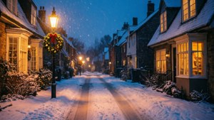 Stradă acoperită de zăpadă cu ferestre luminate și lampadar. — Atmosferă confortabilă de Crăciun Fundal