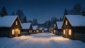 Un sat liniștit acoperit de zăpadă, cu geamuri luminate sub un cer înstelat. — Estetic de Crăciun Fundal