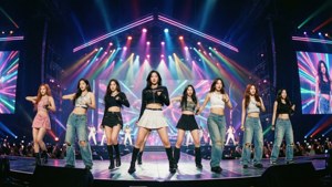 TWICE performând pe o scenă vibrantă, cu lumini neon.