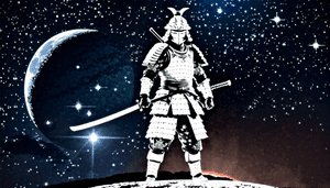 ukiyo-e, artă japoneză, samurai, spațiu, artă fusion, vintage, galaxie, lună, tradițional întâlnește sci-fi, japonez retro, print texturat